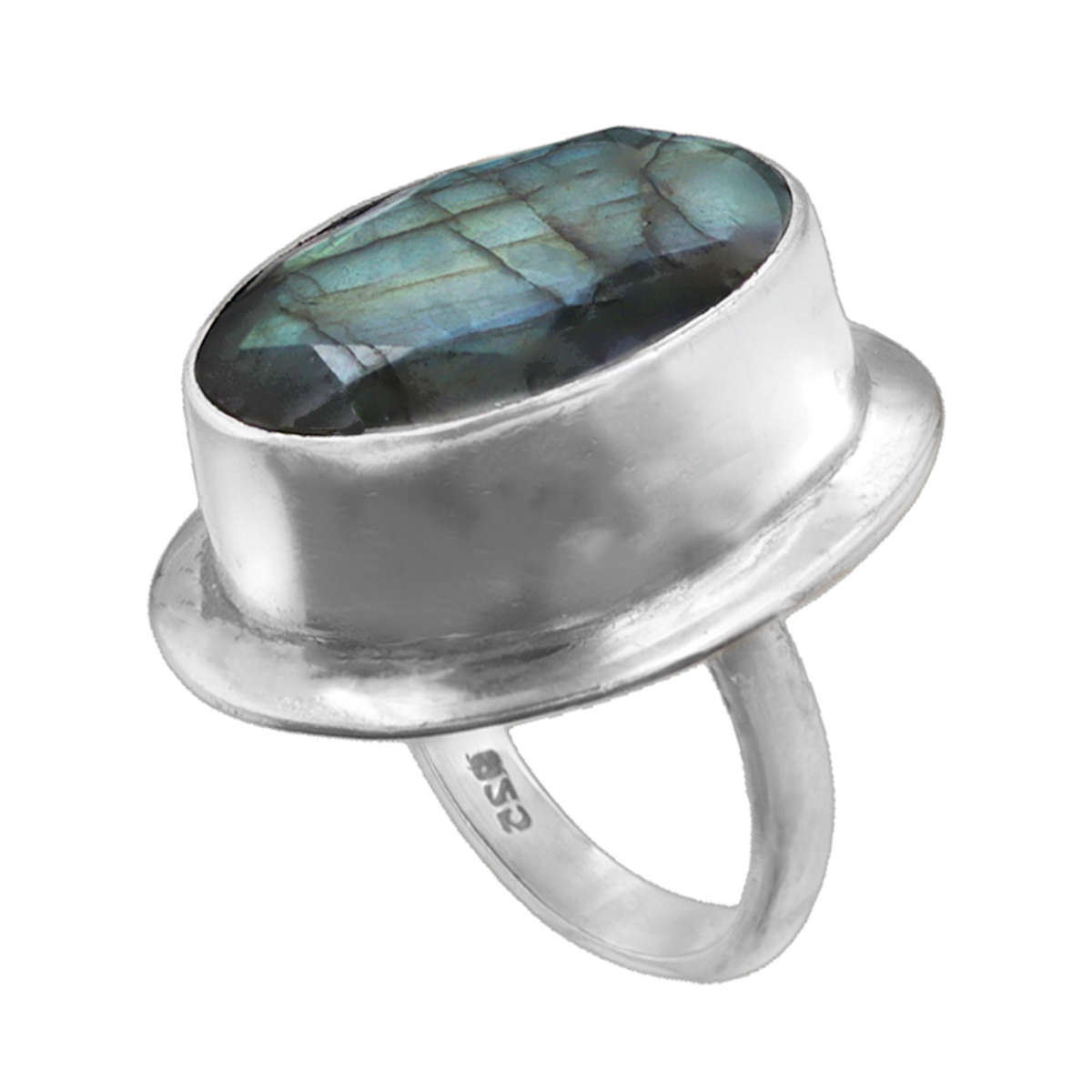 LARGE NATURAL EARTH-MINED LABRADORITE SOLID STERLING SILVER RING - BEAUTIFUL BLUE IRIDESCENCE