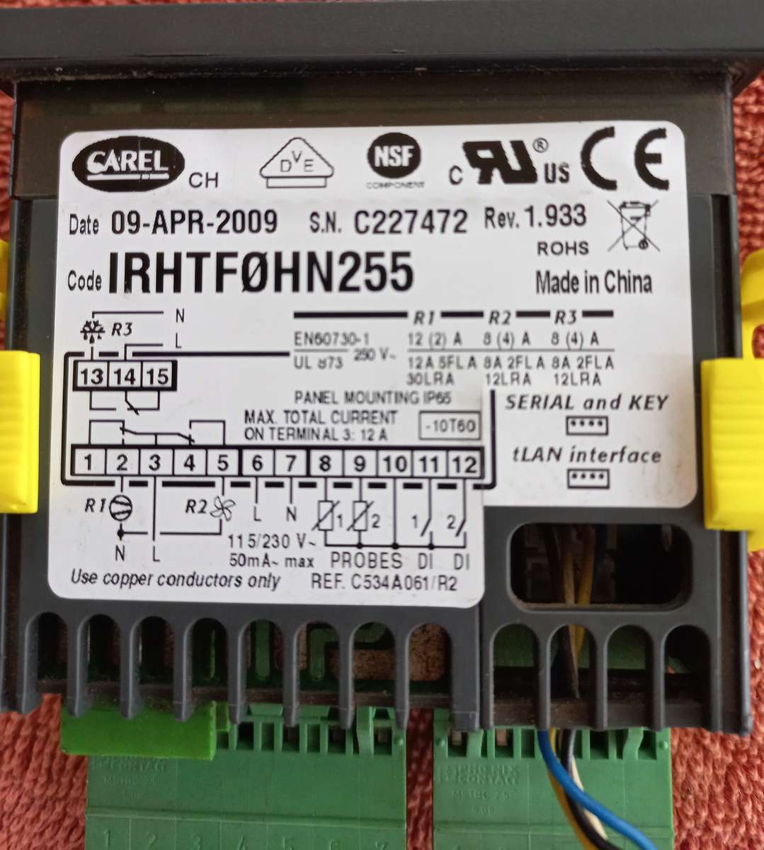 Carel refrigeration controller, thermostat, compressor, Fan & Defrost relay C227472 IR33