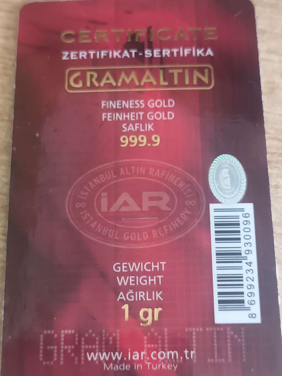 1 gram 24 kt pure Gold bar from Istanbul Refinery