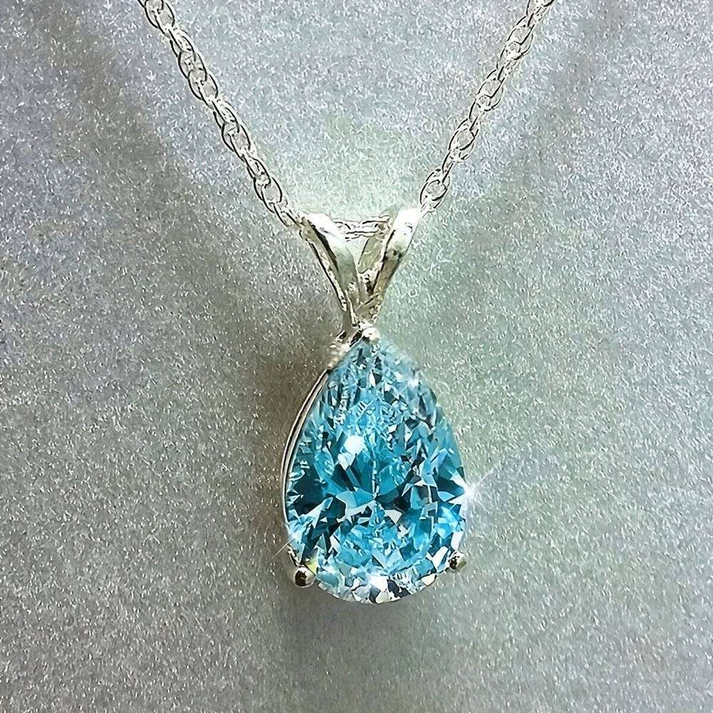 Elegant Three-Prong Teardrop Synthetic Zirconia Necklace   (LIGHT BLUE)       123