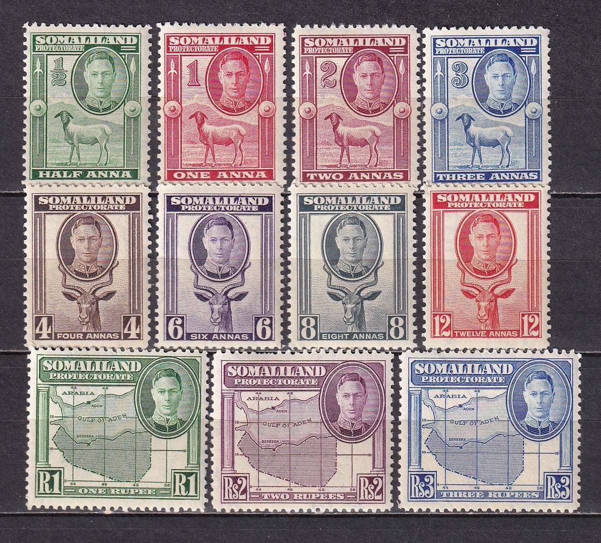 Somaliland Protectorate 1942 KG VI part sets, M/H           (SG 105-115, CV £36)