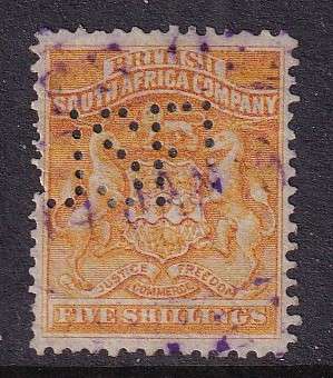 BSAC 1892 Definitive 5s yellow perfin revenue , used                       (SACC , CV R1200)