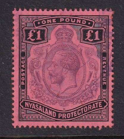 Nyasaland Protectorate 1913-21 KG V £1 purple and black revenue , used      (SG 98, CV £170)
