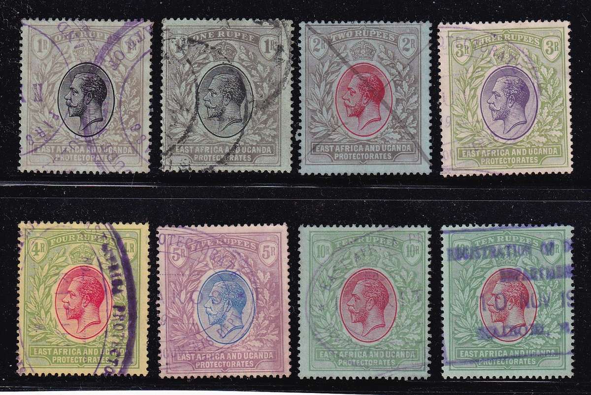British East Africa and Uganda Protectorate 1912-21 KG V 1R-R10 revenues , used        (SG 53-57,)