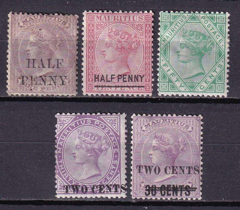 Mauritius 1876 > QV lot (CC) , M/H                 (SG 76,79,99,121,120, CV, £69)