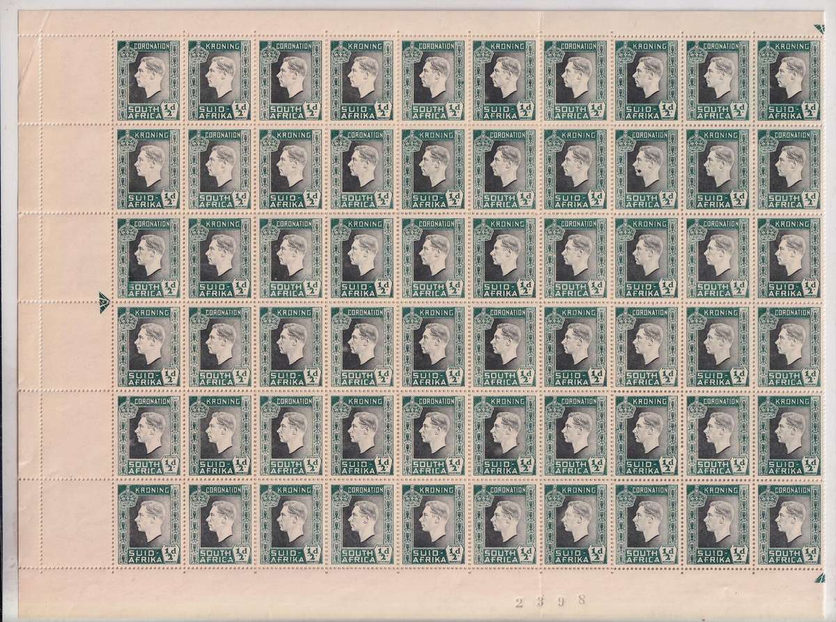 South Africa 1937 KG VI Coronation issue 1/2d complete sheet , MNH