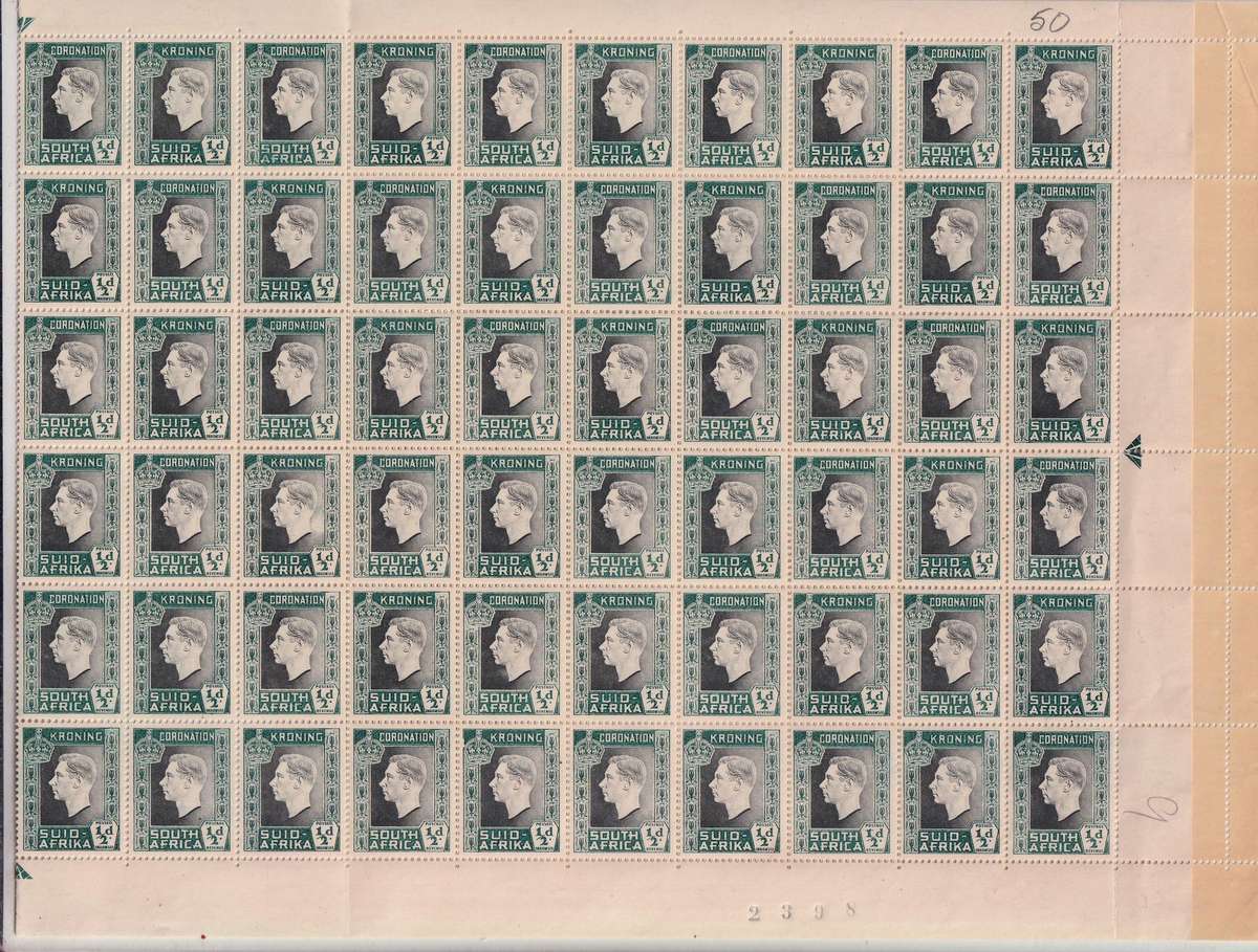 South Africa 1937 KG VI Coronation issue 1/2d complete sheet , MNH