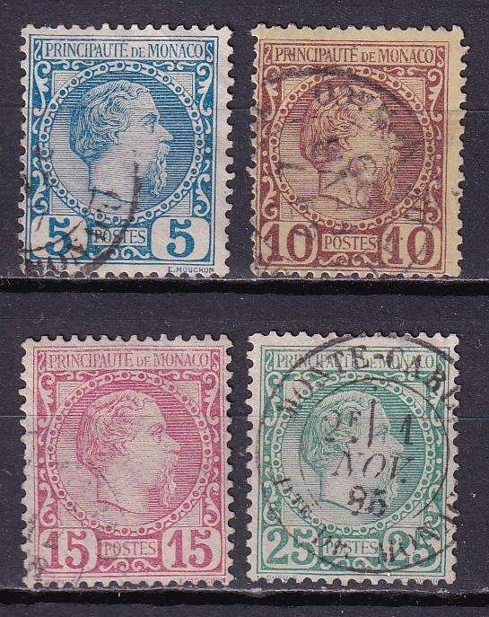 Monaco 1885 Prince Charles III part set, used            ( SG 3-6, CV £85)