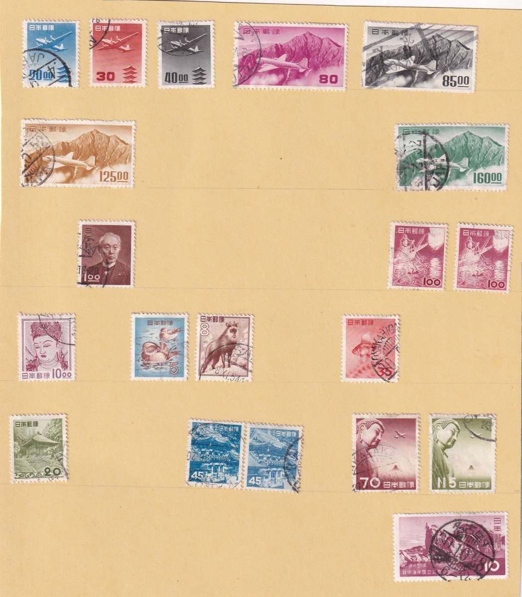 Japan 1875> part sets, used on 11 scans, some stamps adhered to pages)
