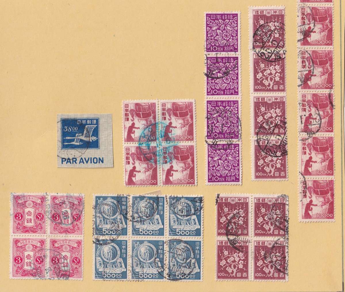 Japan 1875> part sets, used on 11 scans, some stamps adhered to pages)