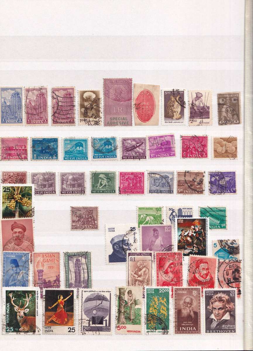 Red 15 page album with India stamps , M/H & used          ( good used condition with faults)