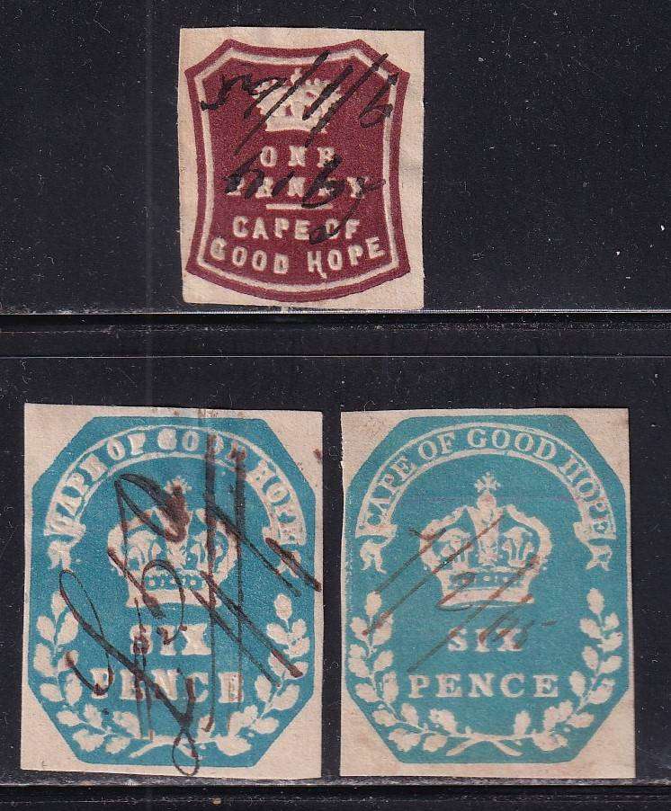 Cape of Good Hope 1864 1d & 6d embossed revenues, used         (BF 1,3,4)