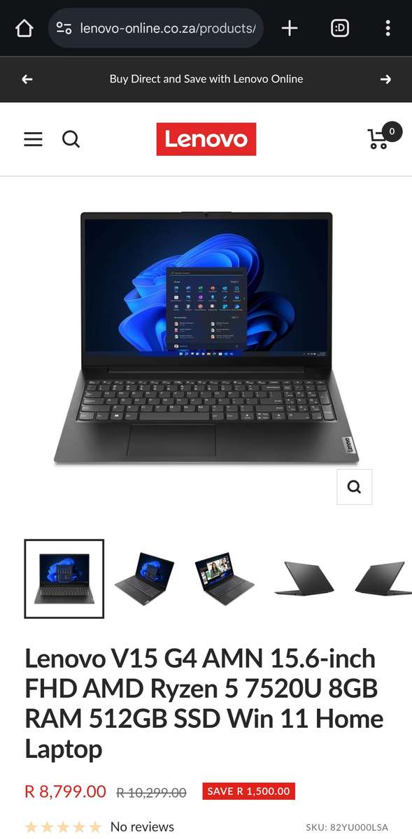 Lenovo V15 G4 AMN 15.6-inch FHD Laptop - AMD Ryzen 5 7520U 512GB SSD 8GB RAM Win 11 Home