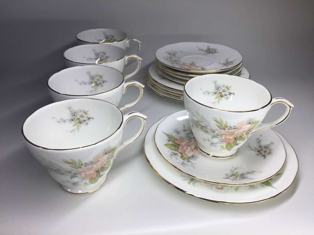 DUCHESS 5 X  PORCELAIN TEA  TRIOS  ' white cherry blossoms and pink floral design  ', a complete set