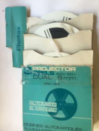 8 mm. PHOTAX FILM REELS , 180 mm. / 7 ins. diam. 3 reels in sleeves, in original packaging box