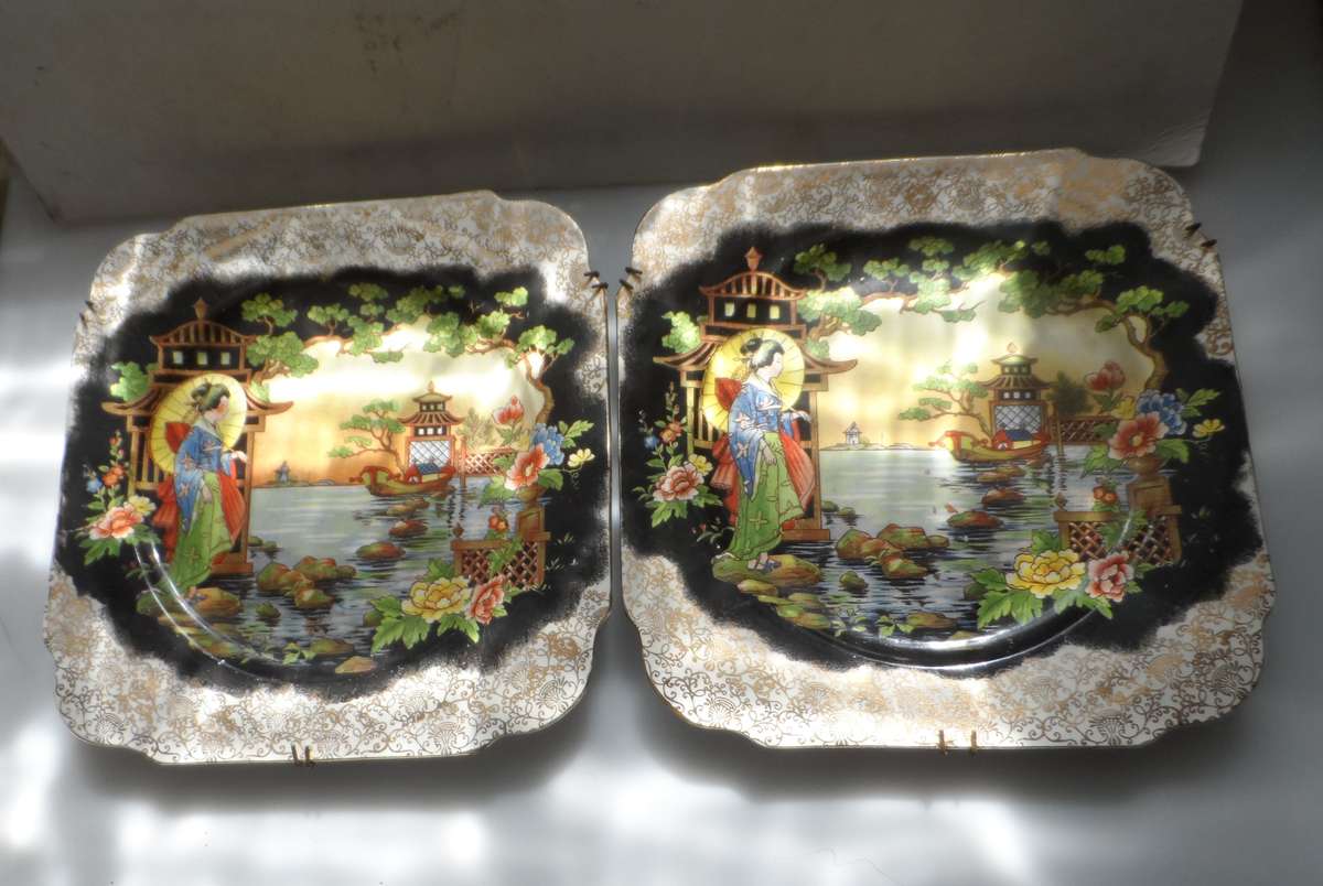 JAPANESE PLATES,  VINTAGE MATCHED PAIR OF SQUARE  DISPLAY PLATES  made in England