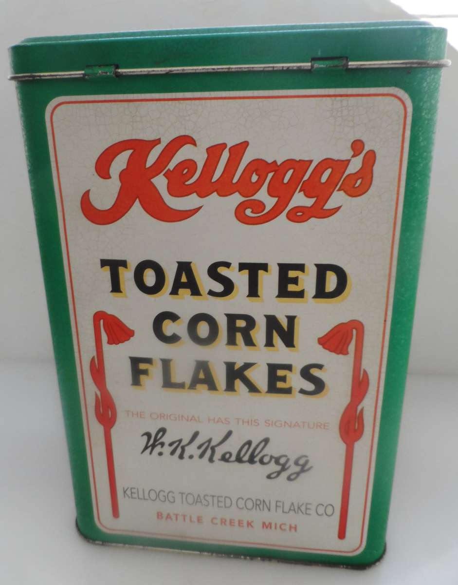 VINTAGE COLLECTIBLE , KELLOG,S TOASTED CORN FLAKES ,  LIDDED STORAGE TIN