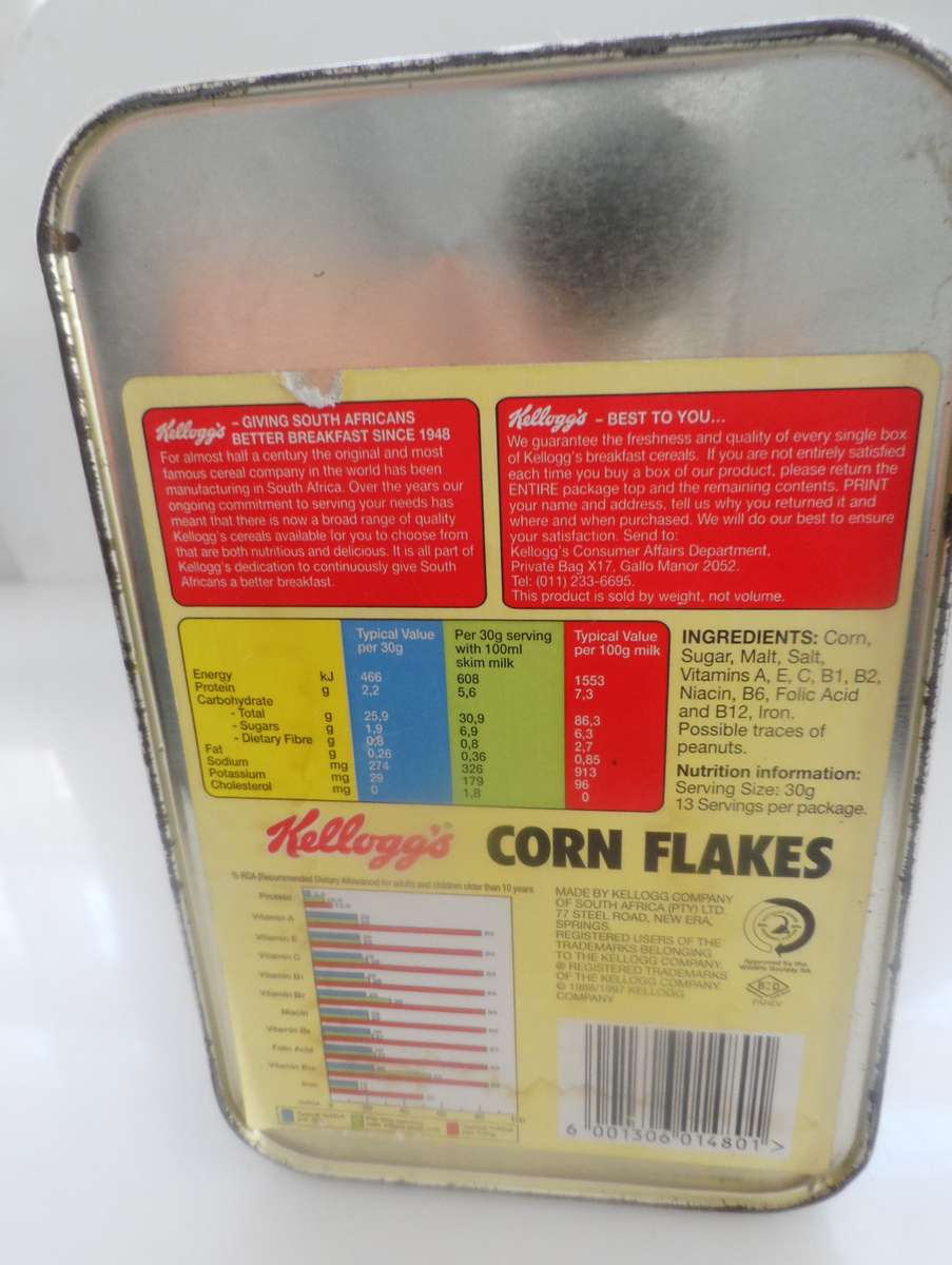 VINTAGE COLLECTIBLE , KELLOG,S TOASTED CORN FLAKES ,  LIDDED STORAGE TIN