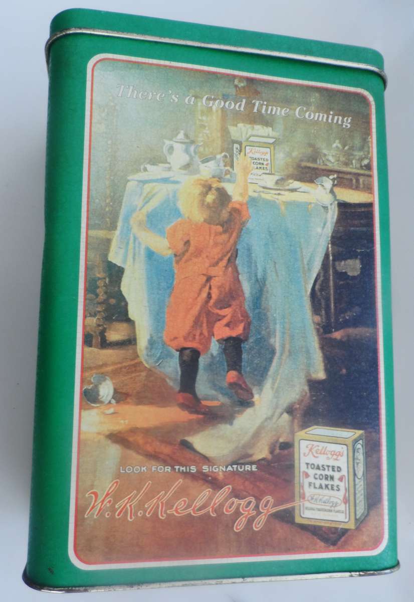 VINTAGE COLLECTIBLE , KELLOG,S TOASTED CORN FLAKES ,  LIDDED STORAGE TIN