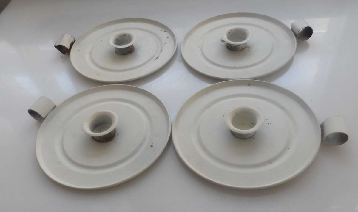 CANDLE STICK HOLDERS - VINTAGE SET OF FOUR , PRESSED TIN  , WHITE
