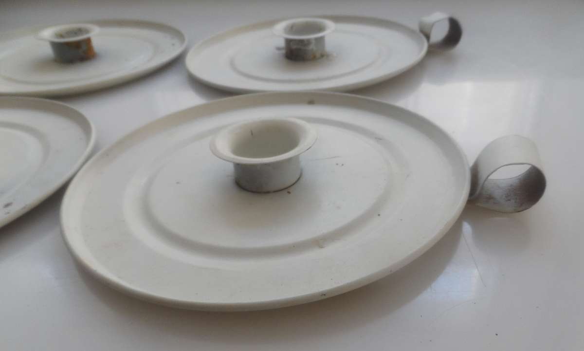 CANDLE STICK HOLDERS - VINTAGE SET OF FOUR , PRESSED TIN  , WHITE