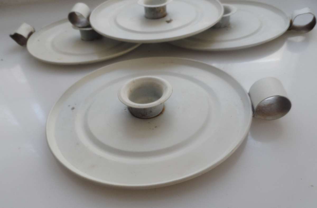 CANDLE STICK HOLDERS - VINTAGE SET OF FOUR , PRESSED TIN  , WHITE