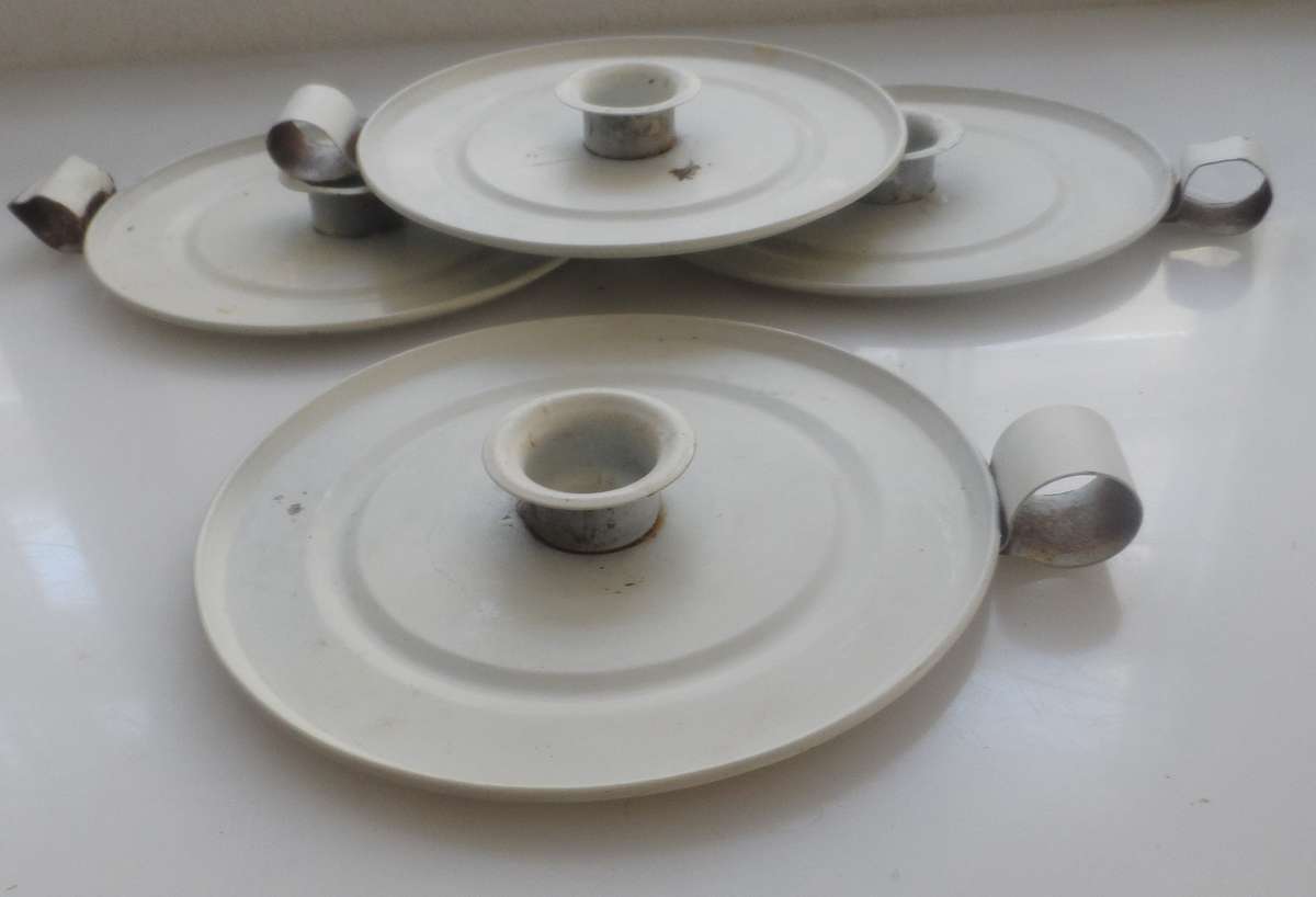 CANDLE STICK HOLDERS - VINTAGE SET OF FOUR , PRESSED TIN  , WHITE