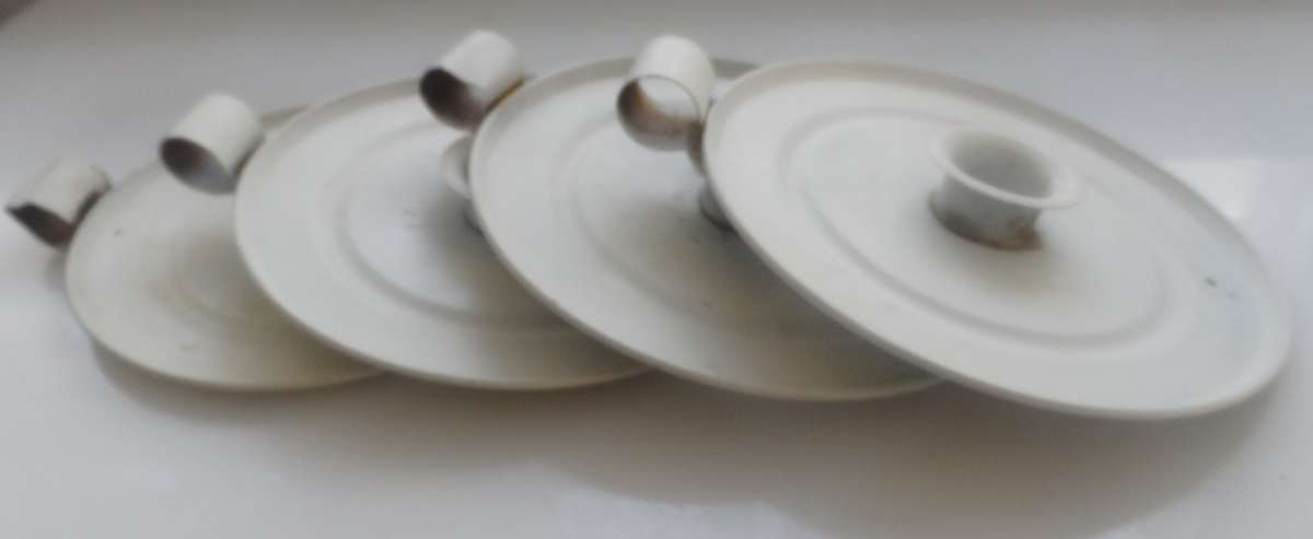 CANDLE STICK HOLDERS - VINTAGE SET OF FOUR , PRESSED TIN  , WHITE