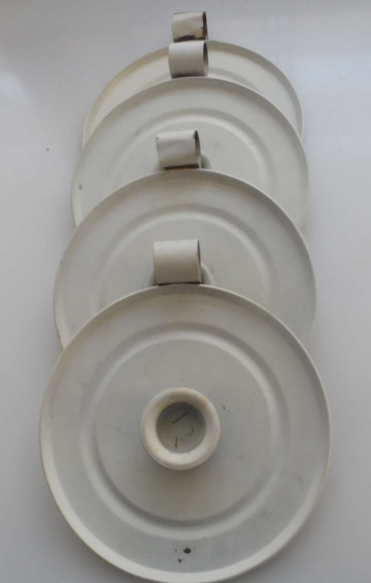 CANDLE STICK HOLDERS - VINTAGE SET OF FOUR , PRESSED TIN  , WHITE