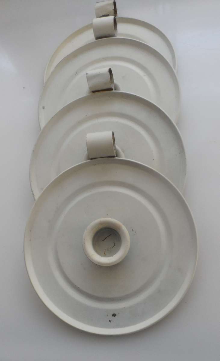 CANDLE STICK HOLDERS - VINTAGE SET OF FOUR , PRESSED TIN  , WHITE