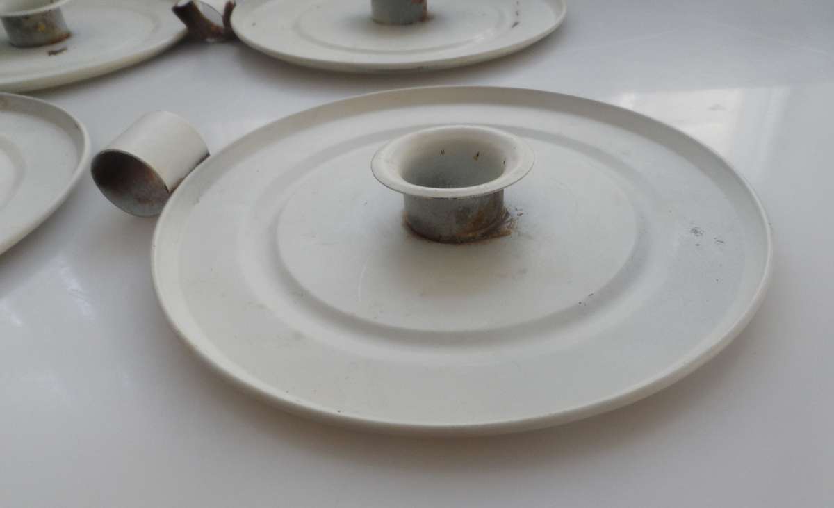 CANDLE STICK HOLDERS - VINTAGE SET OF FOUR , PRESSED TIN  , WHITE