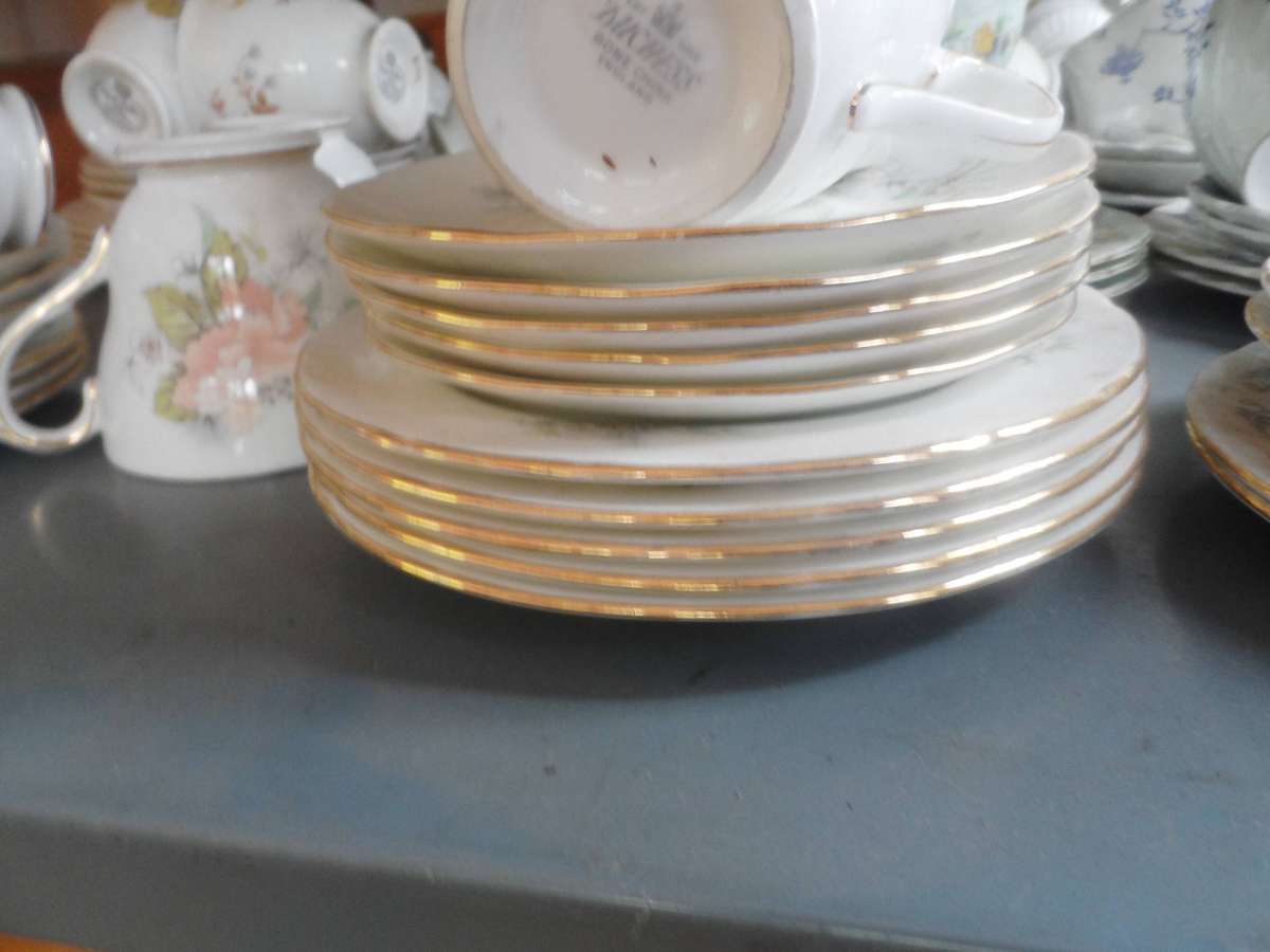 DUCHESS 5 X  PORCELAIN TEA  TRIOS  ' white cherry blossoms and pink floral design  ', a complete set