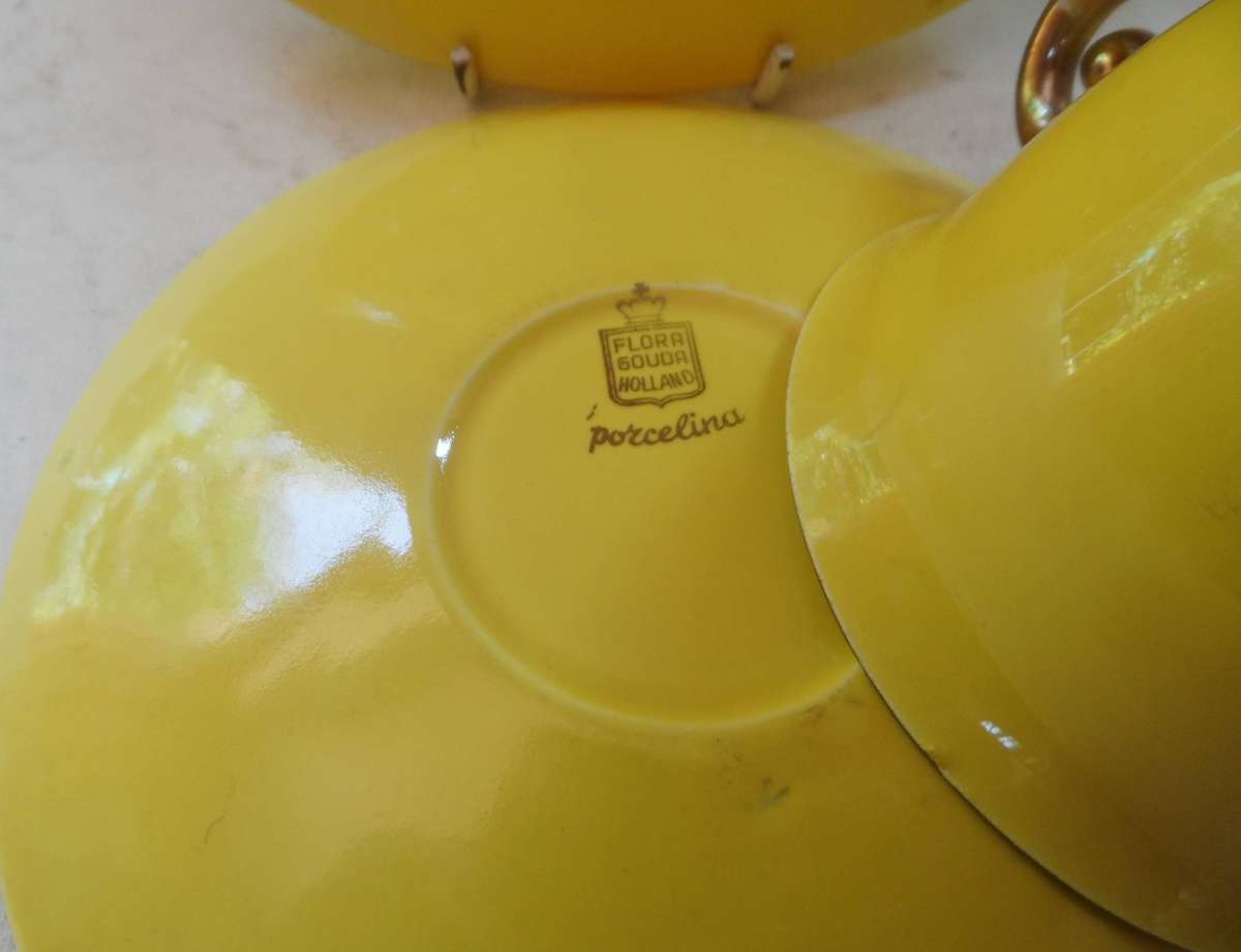 VINTAGE FLORA  GOUDA PORCELINA HOLLAND 'LARGE BREAKFAST TRIO  . Sunshine Yellow pattern ,