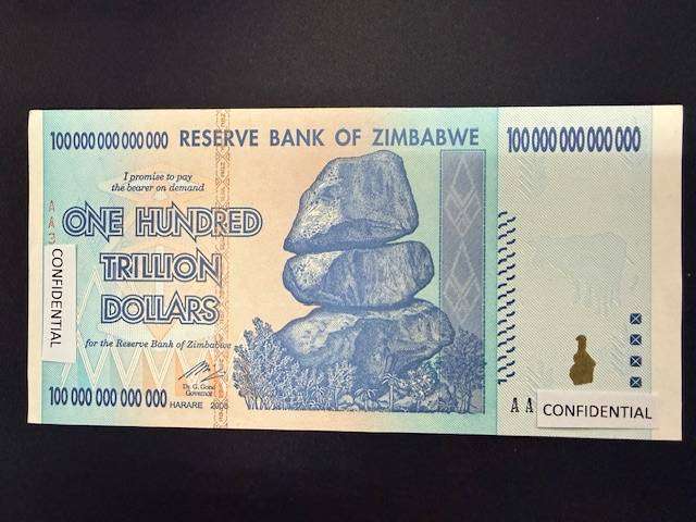 Zimbabwe $100 trillion dollar note - Uncirculated AA prefix