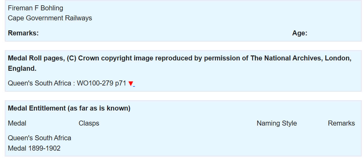 QSA - Queen South Africa Medal - Fireman F Bohling - Cape Government Railways