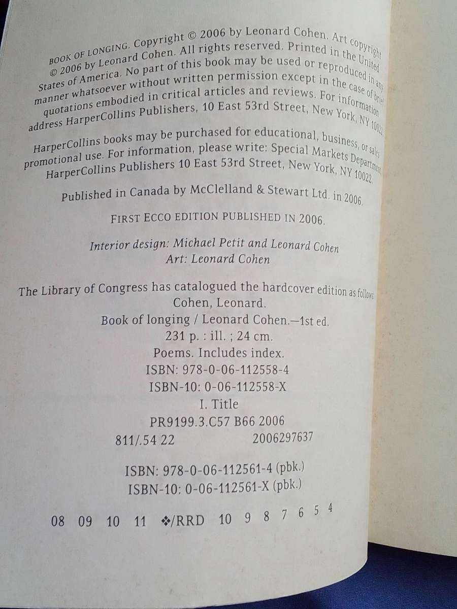 Leonard Cohen .  Book of Longing.  Soft cover.