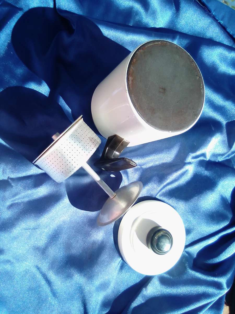 Enamel 2 cup, stove top, coffee perculator.