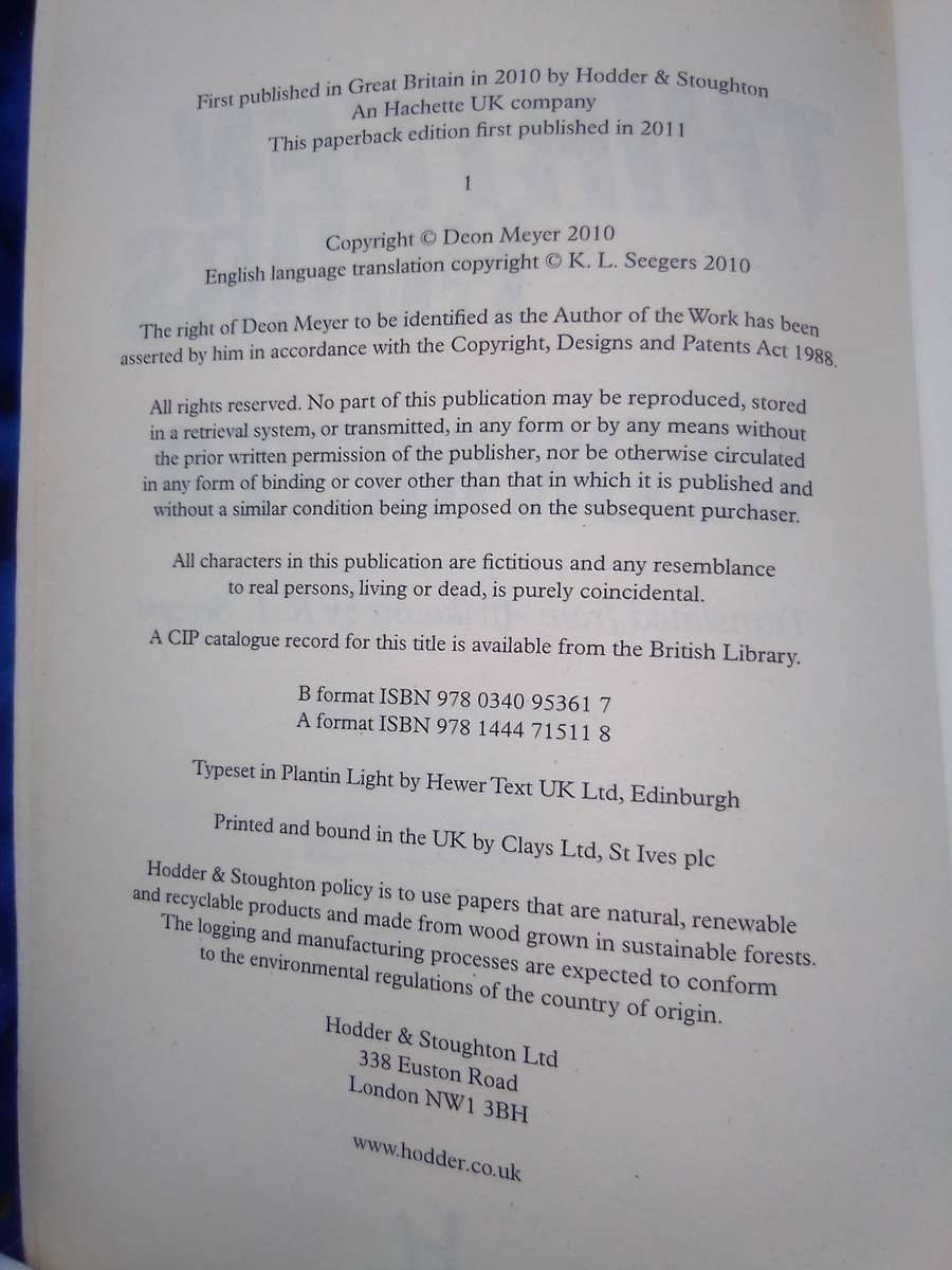 "Thirteen Hours"  Deon Meyer.  Soft cover.