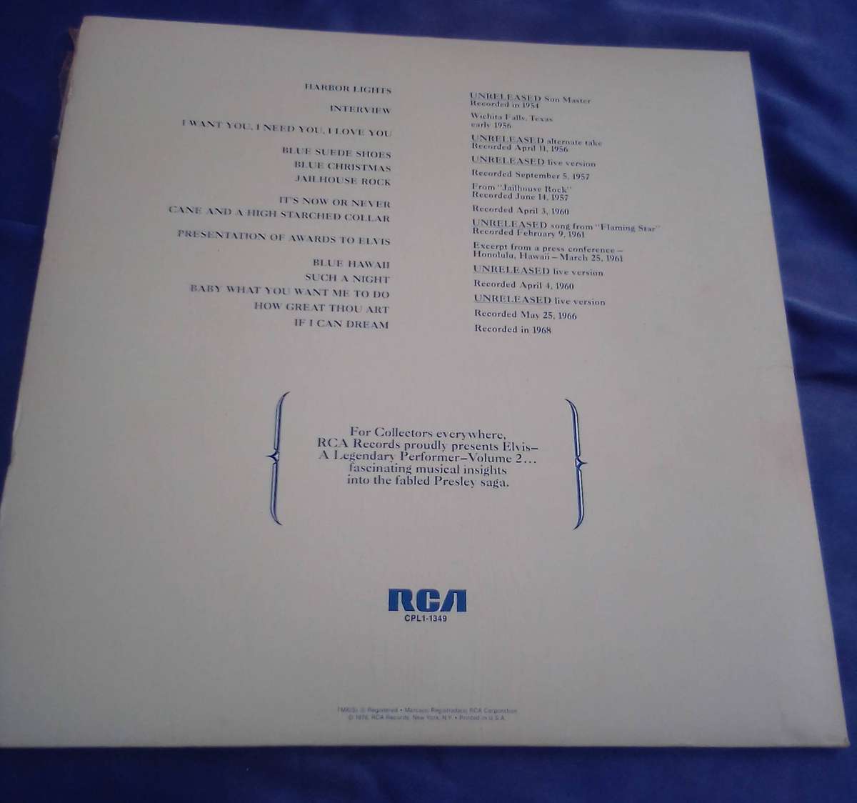 L.P. Vinyl Record. Elvis. A legendary performer.  VG  VG