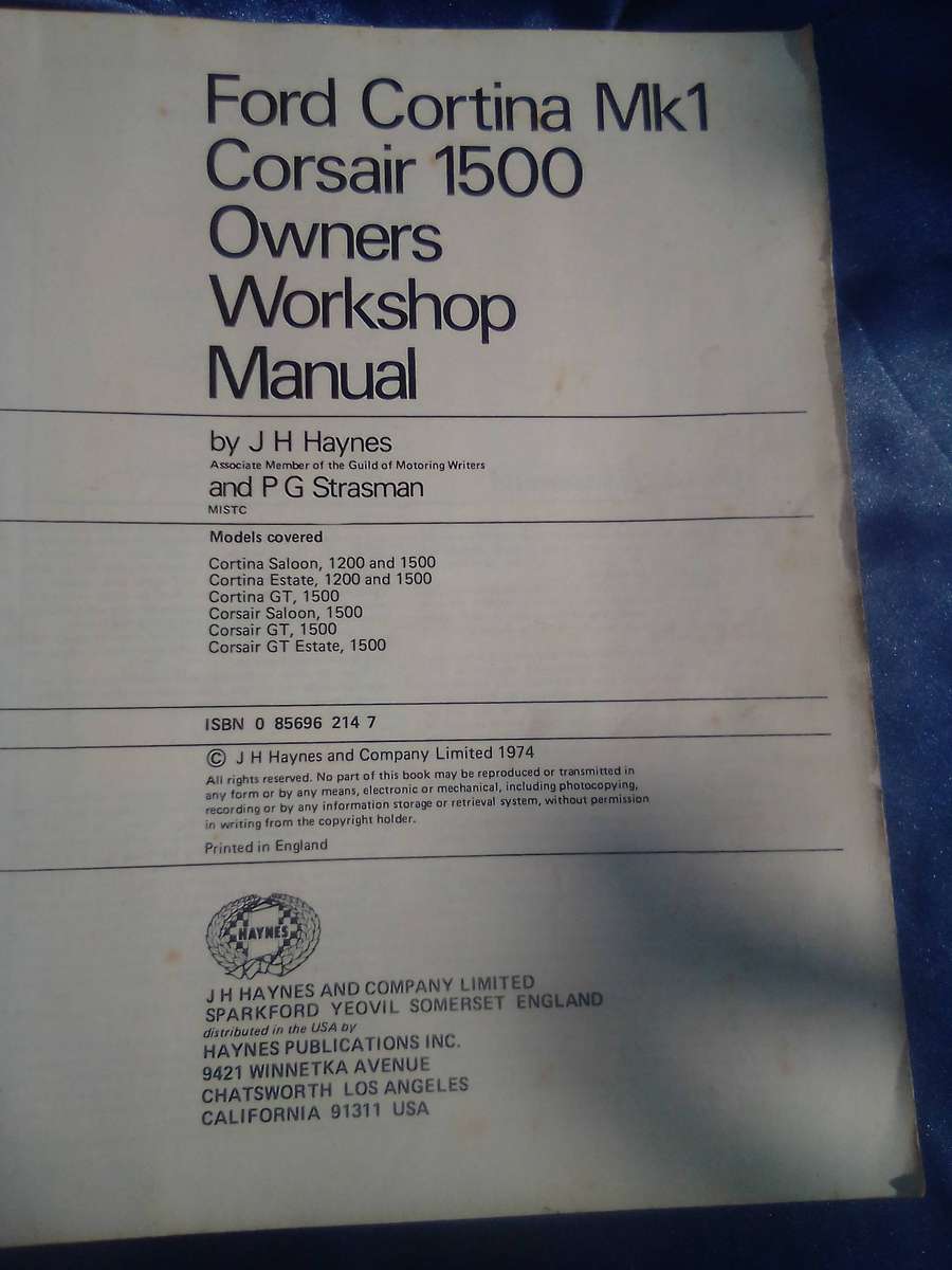 "Ford Cortina Mk I & Corsair 1500.  Owner's Workshop Manual". Hard cover.