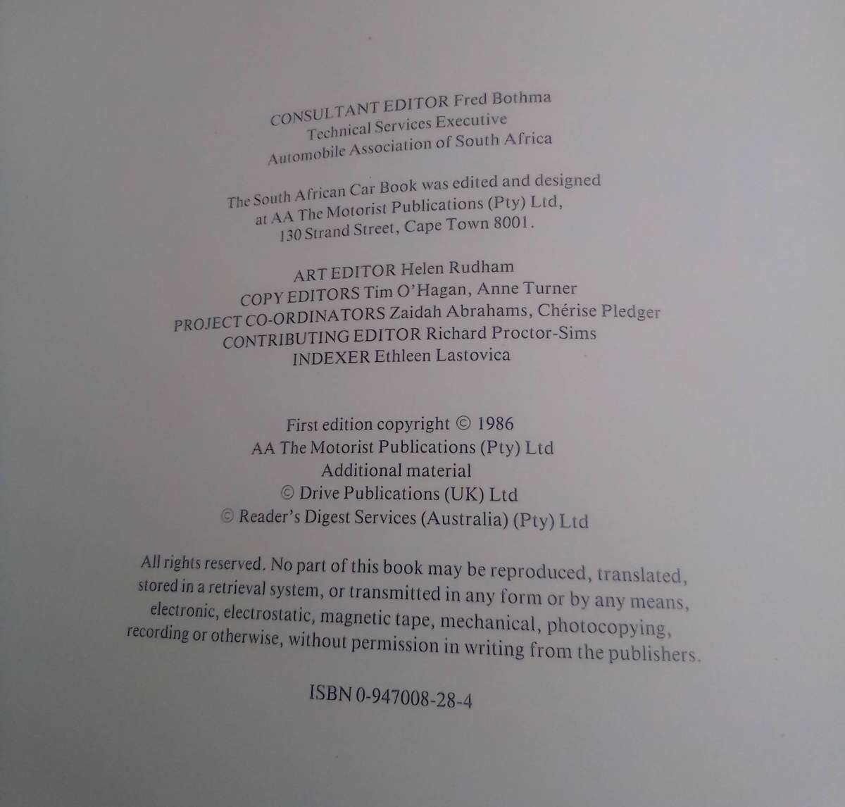 "AA. The South African Car Book". Hard cover.