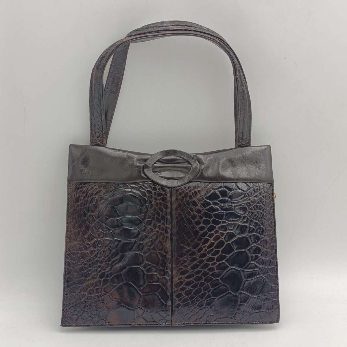 Dark brown genuine leather (probably crocodile) handbag with mirror and purse as new