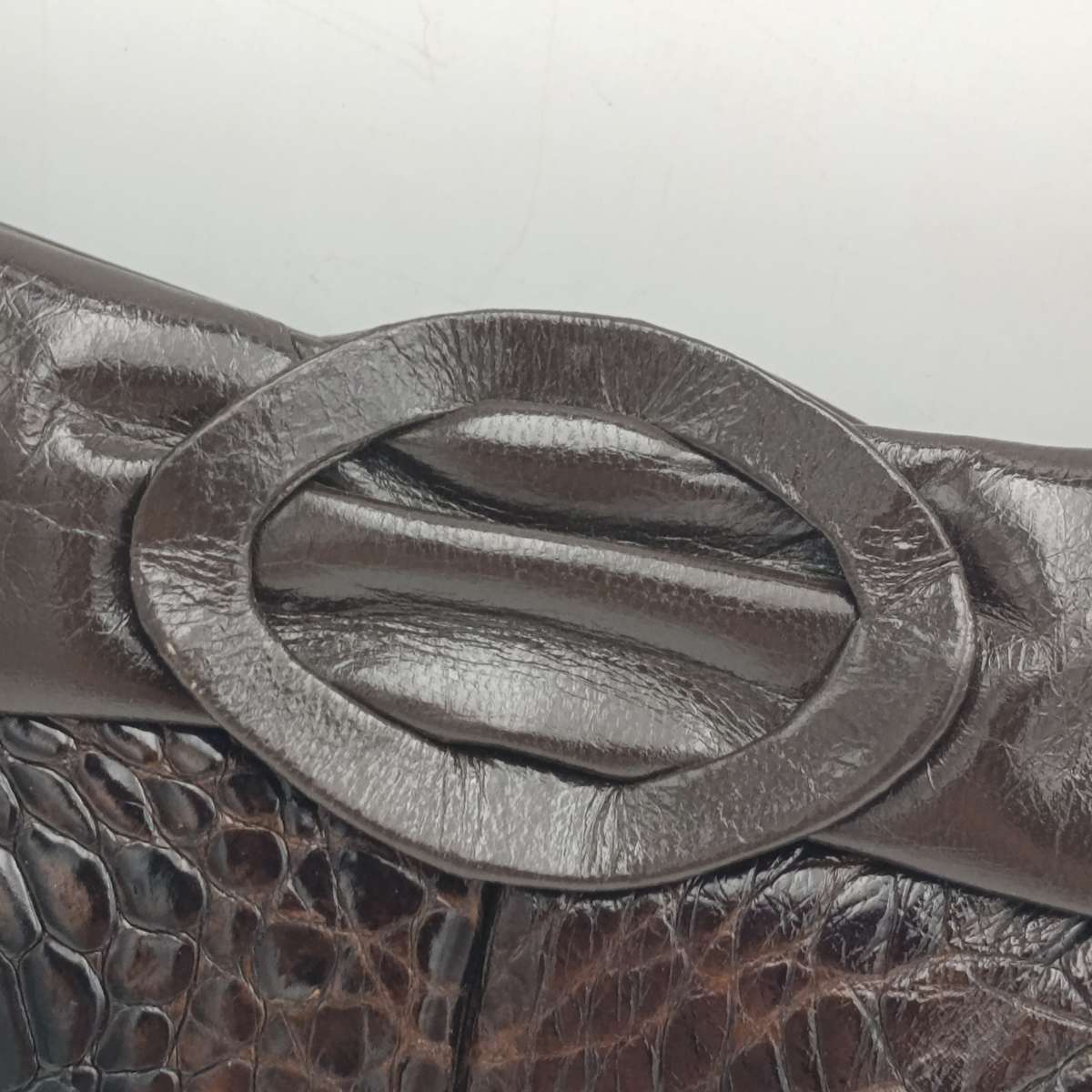 Dark brown genuine leather (probably crocodile) handbag with mirror and purse as new