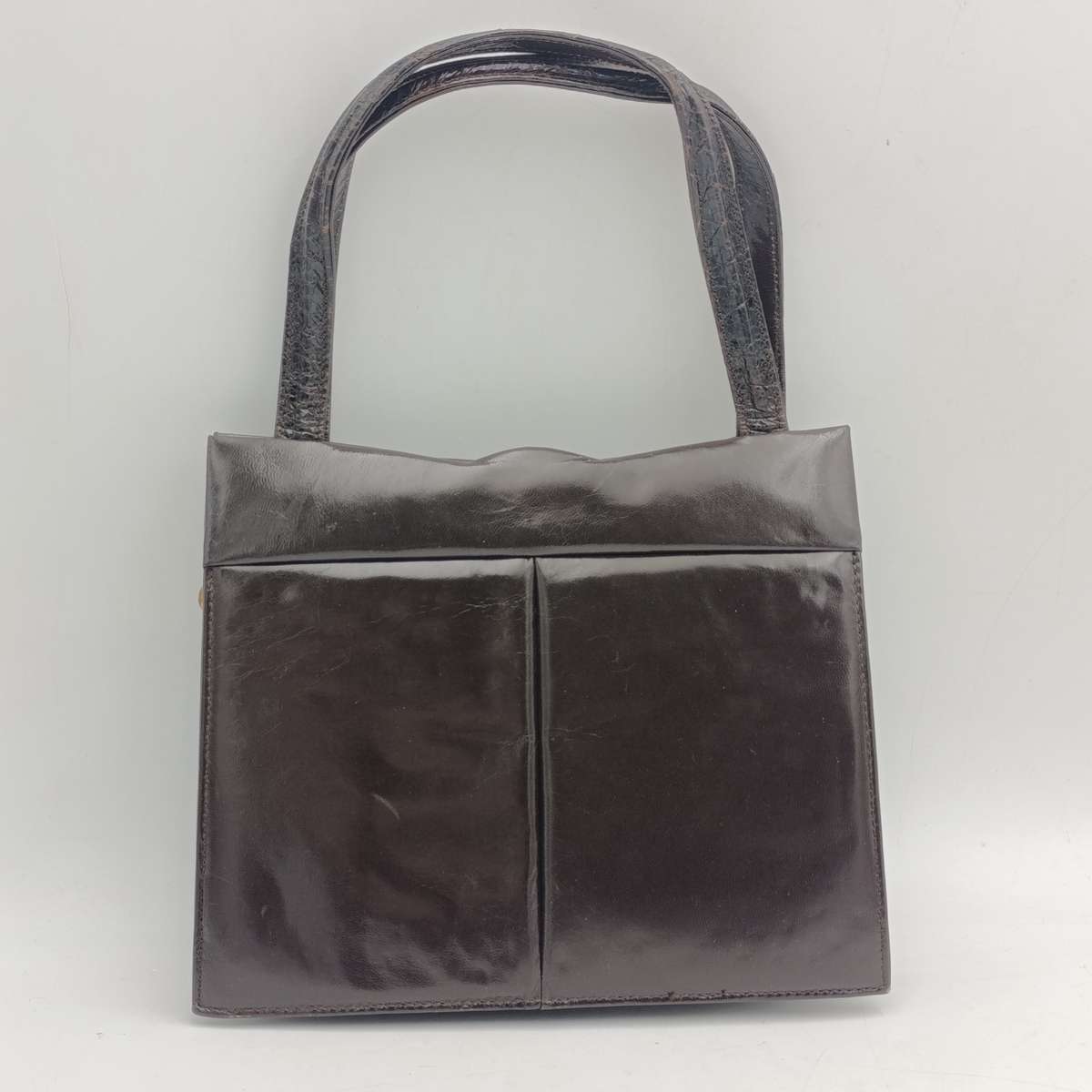 Dark brown genuine leather (probably crocodile) handbag with mirror and purse as new