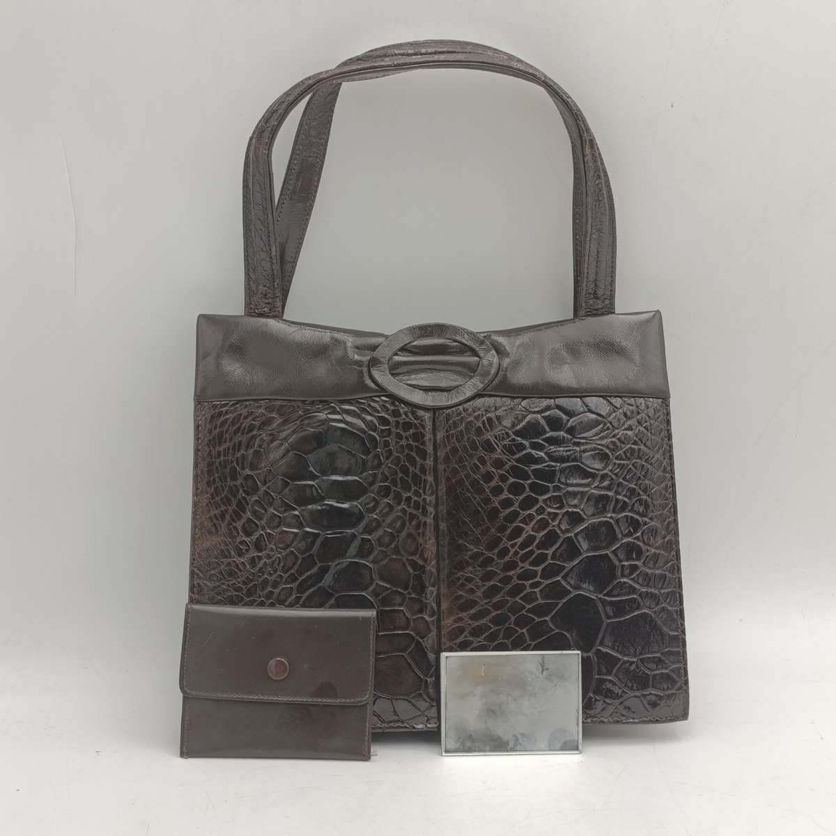Dark brown genuine leather (probably crocodile) handbag with mirror and purse as new