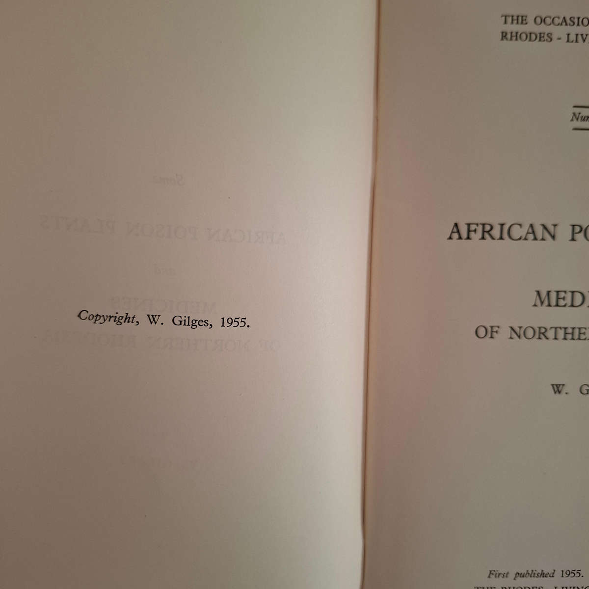 Some African Poison Plants and Medicines of Northern Rhodesia. The Occasional Papers of the Rhodes-L