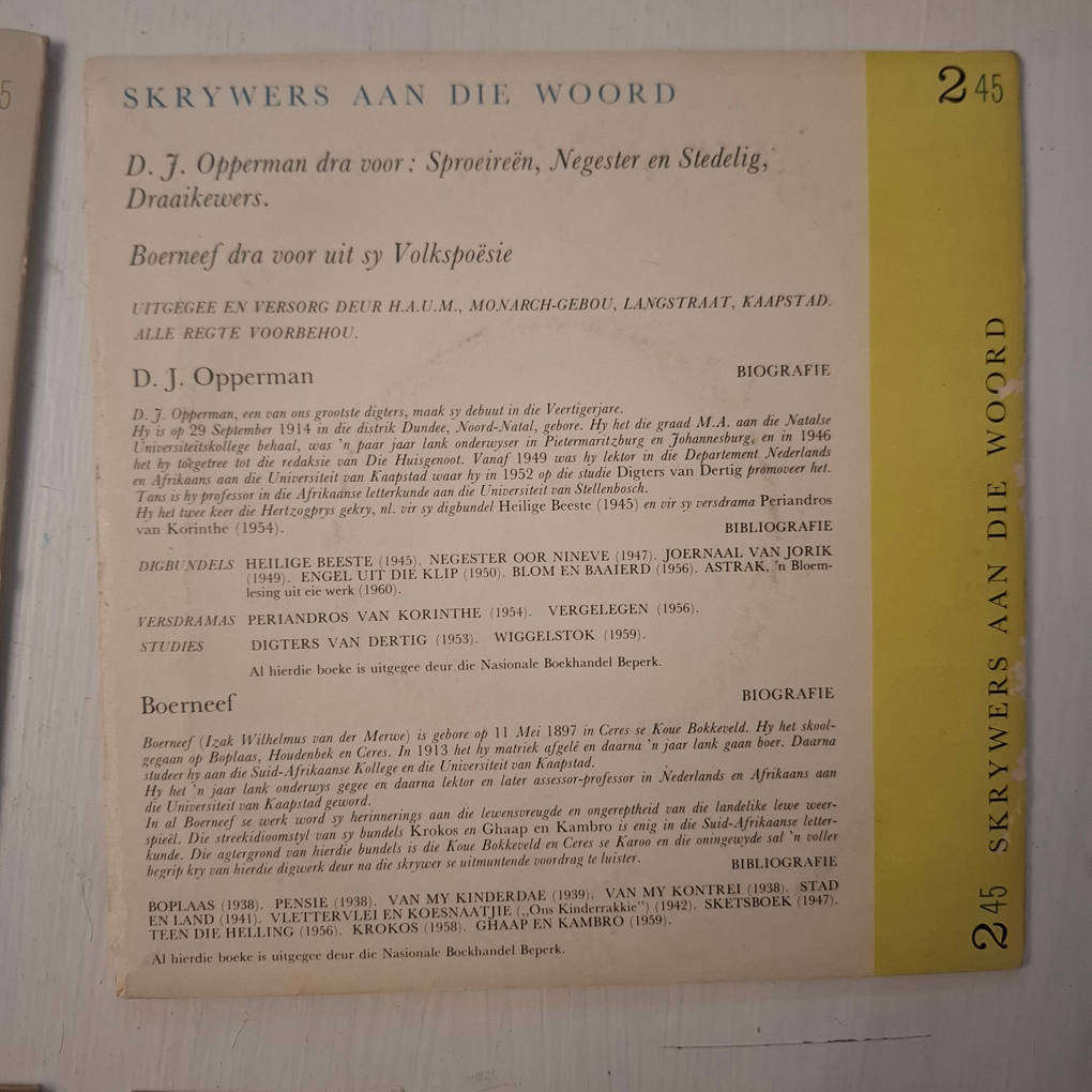 5 X 'Skrywers aan die woord' Records/Plate (Haum)