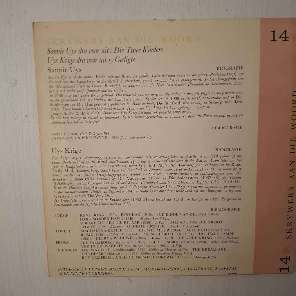 5 X 'Skrywers aan die woord' Records/Plate (Haum)