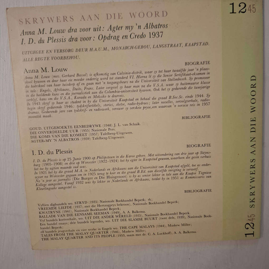 5 X 'Skrywers aan die woord' Records/Plate (Haum)