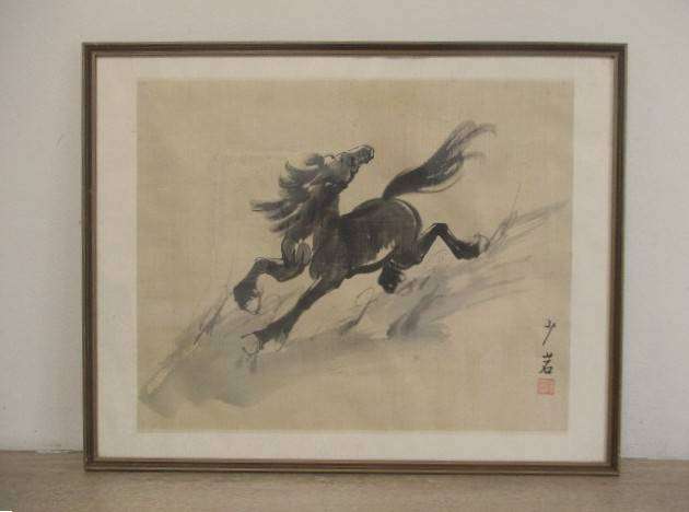Vintage original Chinese black ink horse painting on silk - signed